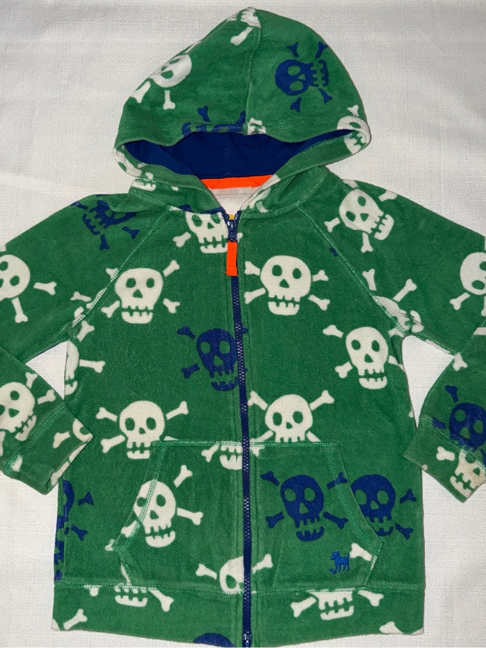 Mini Boden Green Hooded Zip-Up with White & Navy Skull Print size 7/8